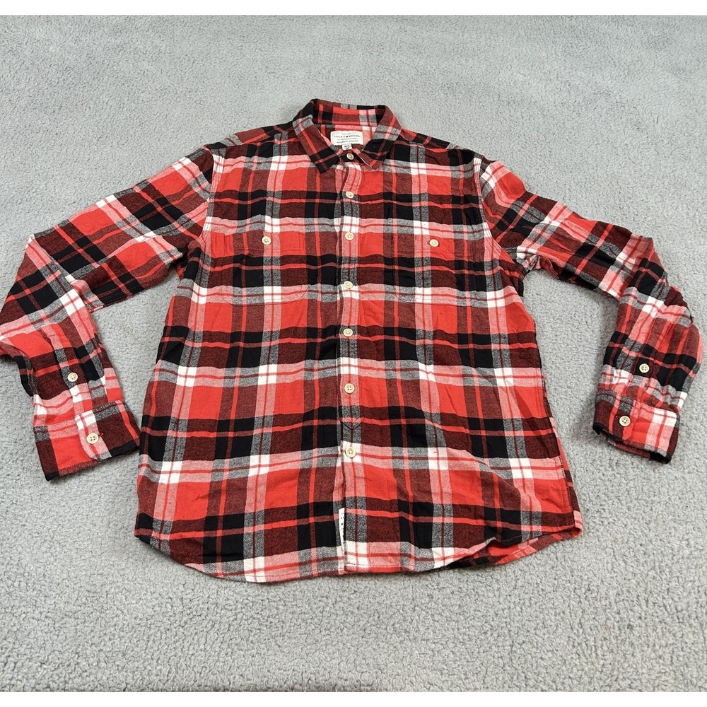 Lucky Brand Shirt Mens Medium Red Black Plaid Saturday Stretch Flannel Button Up